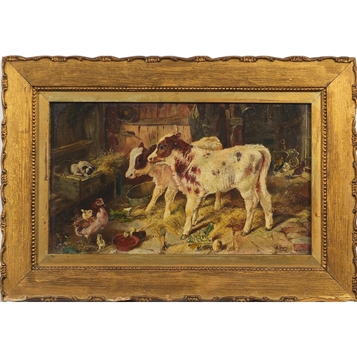 90 - W Pym - Farm animals in a barn, 19th century oil on board, mounted and framed, 28cm x 16cm excluding... 