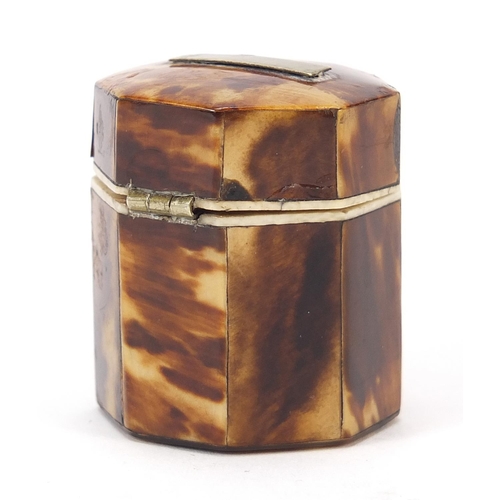 28 - Georgian blonde tortoiseshell and ivory hexagonal ring box with fitted interior, 3.5cm high