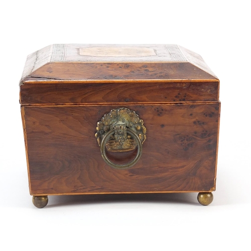 25 - 19th century inlaid bird's eye maple work box with fitted lift out interior and gilt ring turned han... 