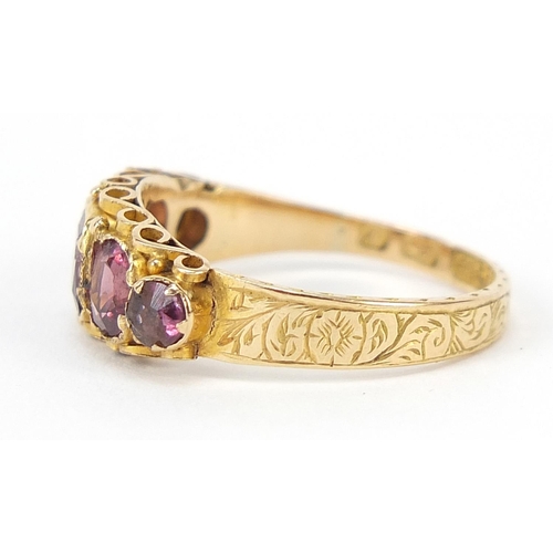 268 - Victorian 15ct gold almandine garnet five stone ring with floral chased band,  Birmingham 1873, size... 