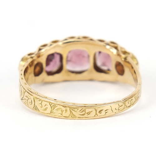 268 - Victorian 15ct gold almandine garnet five stone ring with floral chased band,  Birmingham 1873, size... 