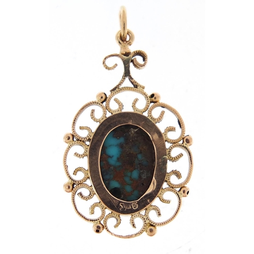 275 - 9ct gold turquoise matrix pendant, 2.7cm high, 3.4g