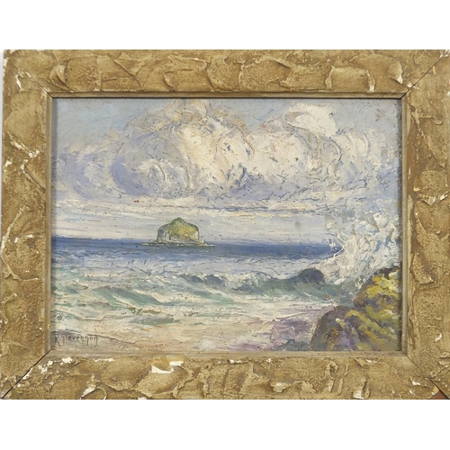 123 - Robert Macaulay Stevenson - Coastal scene, oil on canvas, framed, 27.5cm x 20cm excluding the frame