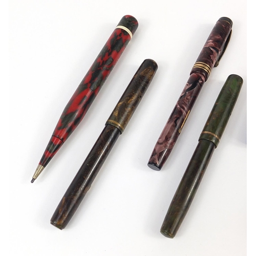 184 - Vintage fountain pens and propelling pencils including Onoto green snakeskin, Waterman's Ideal Brown... 