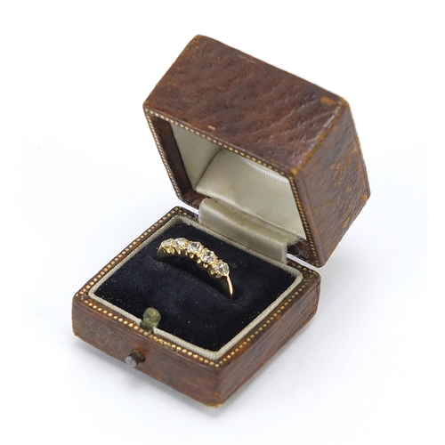 41 - 18ct gold graduated diamond five stone ring, housed in a velvet and silk lined leather box, size P, ... 