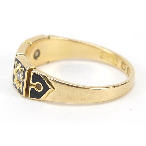 17 - Victorian 18ct gold diamond and black enamel three stone mourning ring, Birmingham 1883, housed in a... 