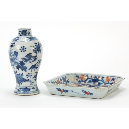 58 - Chinese blue and white porcelain baluster vase and a square dish hand painted in the Imari palette w... 
