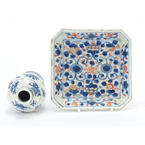 58 - Chinese blue and white porcelain baluster vase and a square dish hand painted in the Imari palette w... 