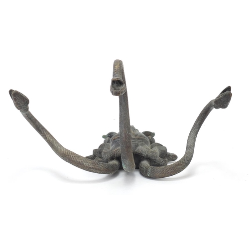 13 - Early 20th century patinated bronze wall mask of  Medusa with three serpent hangers, 31cm high