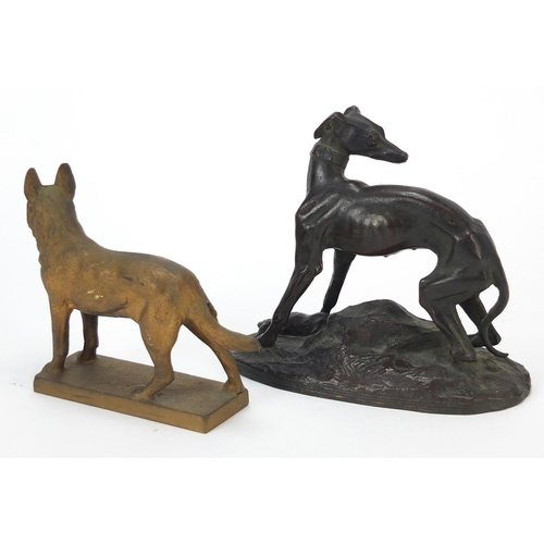 135 - Patinated bronze whippet with game after Mene and one other, the largest 15cm wide