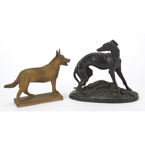 135 - Patinated bronze whippet with game after Mene and one other, the largest 15cm wide