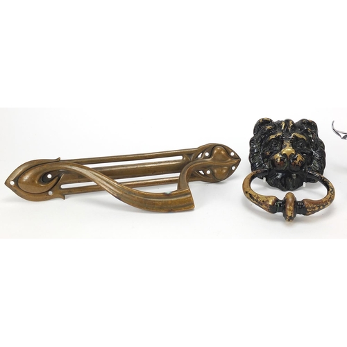 151 - Antique and later fixings comprising a lion head door knocker, Art Nouveau handle impressed W & R Le... 