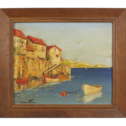 120 - Cecil Rochfort D'Oyly-John - Moored boats, Continental harbour, oil on board, framed, 30.5cm x 25cm ... 