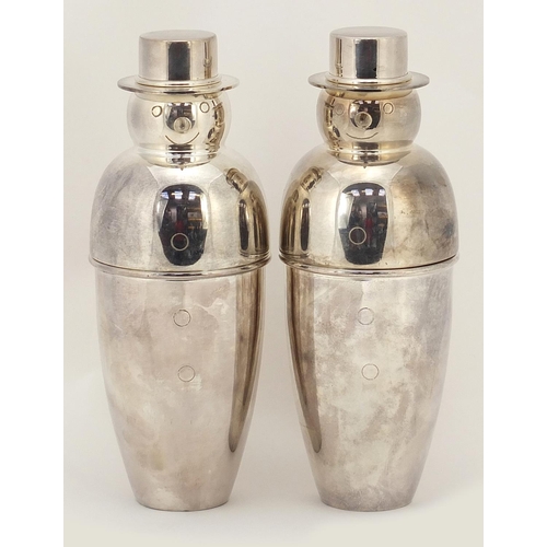 686 - Pair of silver plated snowmen design cocktail shakers, each 26.5cm high