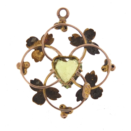 84 - Art Nouveau 9ct gold peridot love heart pendant, 2.7cm high, 1.7g