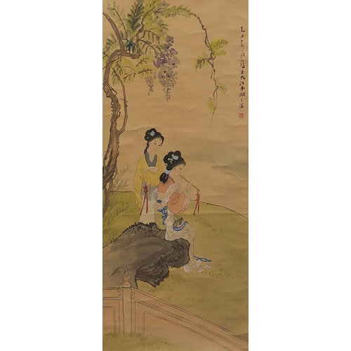 2303 - Two young females beside water, Chinese watercolour scroll with red seal marks and calligraphy, 83cm... 