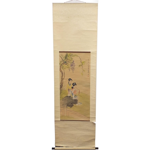 2303 - Two young females beside water, Chinese watercolour scroll with red seal marks and calligraphy, 83cm... 