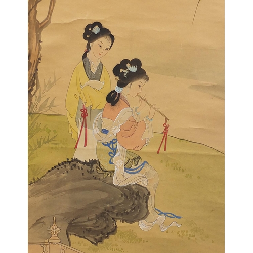 2303 - Two young females beside water, Chinese watercolour scroll with red seal marks and calligraphy, 83cm... 