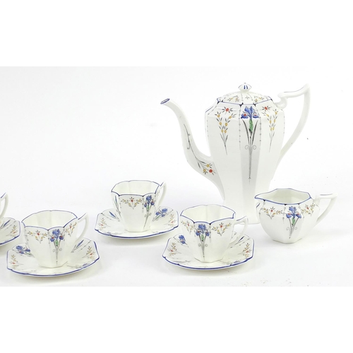 116 - Shelley, Art Deco Queen Anne Blue Iris six place part coffee service, the coffee pot 19.5cm high