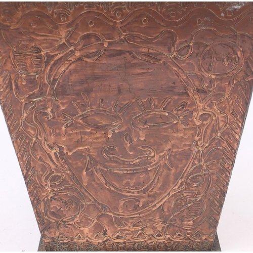 107 - Arts & Crafts copper waist paper basket with Oriental  faces, 30cm H x 27cm W x 27cm D