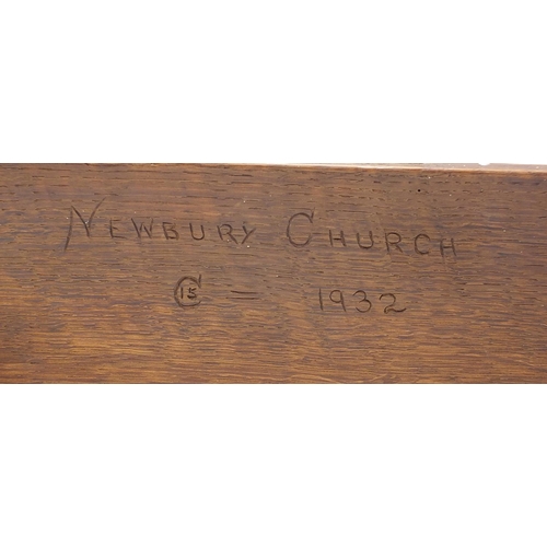 155 - Early 20th century carved oak pew design book rest incised Newberry Church 1932 to the reverse, 25cm... 