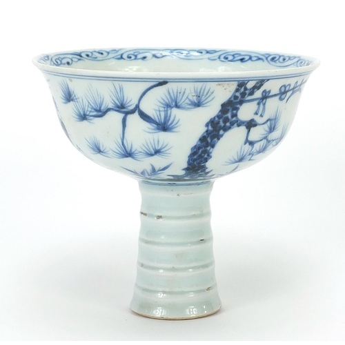 60 - Chinese blue and white porcelain stem bowl hand painted with warriors, 11cm high x 12.5cm in diamete... 
