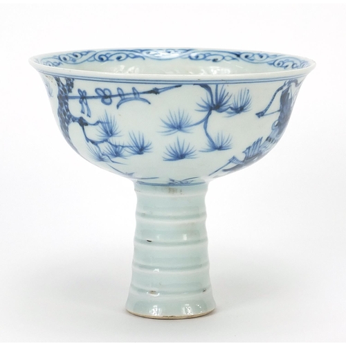 60 - Chinese blue and white porcelain stem bowl hand painted with warriors, 11cm high x 12.5cm in diamete... 