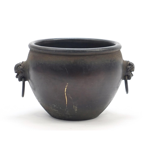 242 - Chinese patinated bronze censer with animalia ring turned handles, character marks to the base, 13.5... 