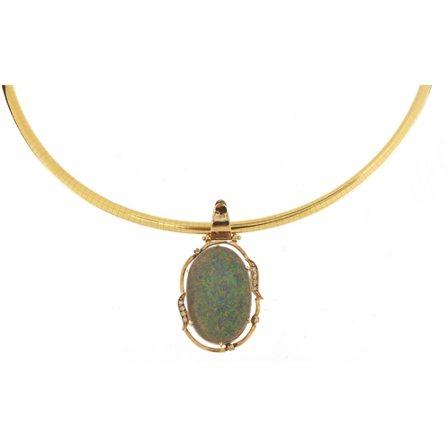 264 - 14ct gold opal and diamond pendant on an 18ct gold Omega pattern necklace, the opal approximately 10... 