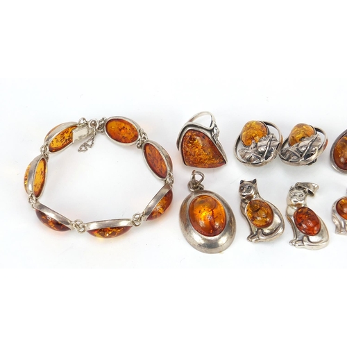 178 - Silver and amber jewellery including bracelet, earrings and animal pendants, 69.5g