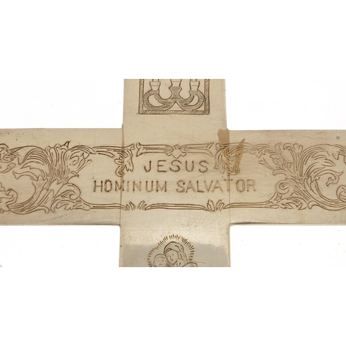 137 - Large unmarked silver cross, engraved with The Last Supper, 19cm high, 76.0g