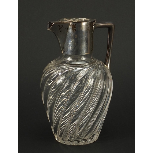 685 - Hukin & Heath, Victorian silver mounted glass jug with writhen body, London 1892, 20cm high