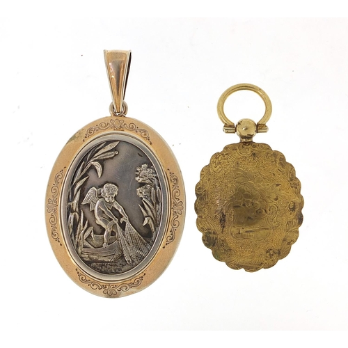 81 - Large silver and gilt locket embossed with Putti with a fishing net and antique gilt metal locket, t... 