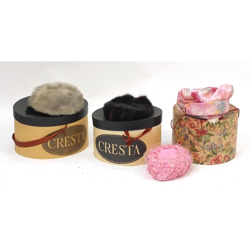 2278 - Three vintage hat boxes and a selection of ladies' hats including fur