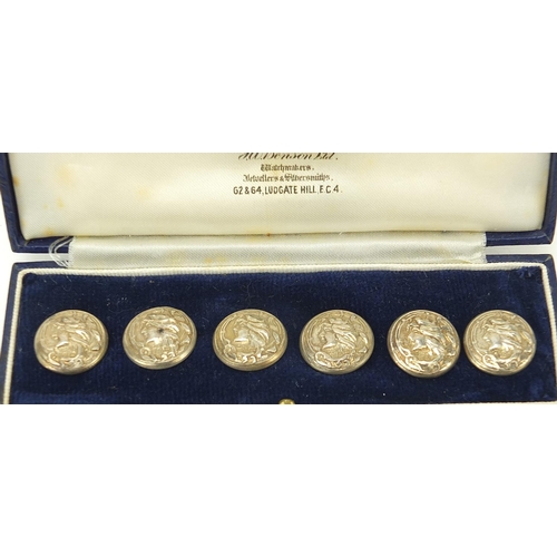 35 - Abel & Charnell, set of six Art Nouveau silver buttons, embossed with a maiden's head, housed in a J... 