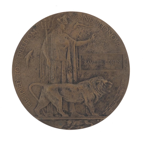 1441 - British military World War I death plaque awarded to Samuel Cohen