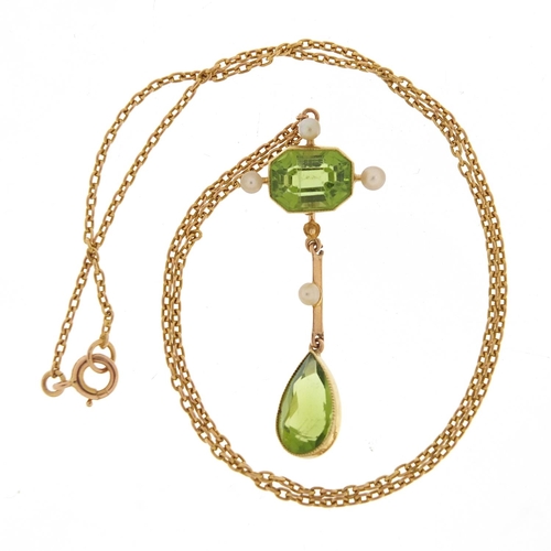 18 - Art Nouveau 15ct gold peridot and pearl pendant necklace, 40cm in length, the pendant 4.2cm high, 5.... 