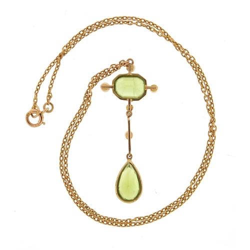 18 - Art Nouveau 15ct gold peridot and pearl pendant necklace, 40cm in length, the pendant 4.2cm high, 5.... 