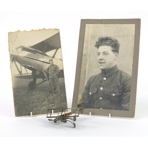 1452 - British military World War I trench art plane and two photographs including one of a soldier with a ... 