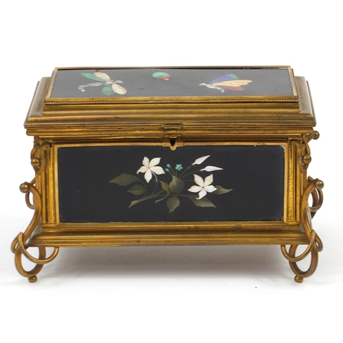 195 - Italian brass and pietra dura table casket inlaid with insects and flowers, 15cm H x 23.5cm W x 15cm... 