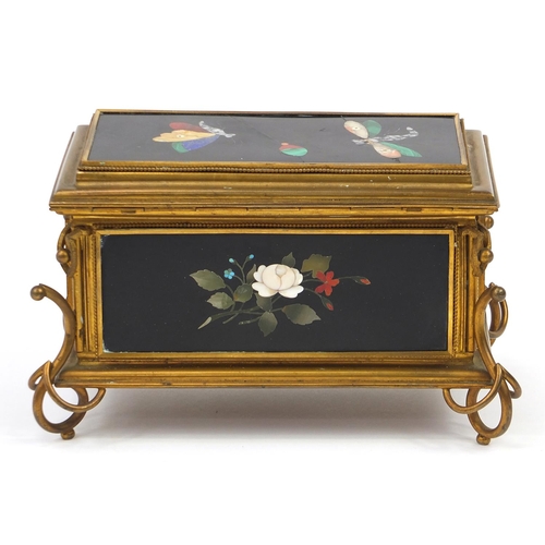 195 - Italian brass and pietra dura table casket inlaid with insects and flowers, 15cm H x 23.5cm W x 15cm... 