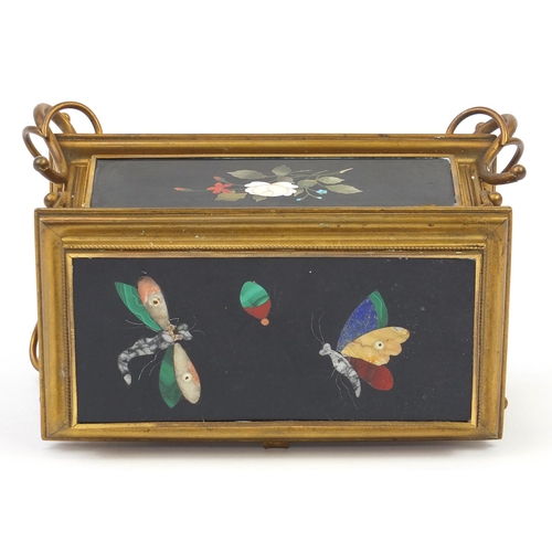 195 - Italian brass and pietra dura table casket inlaid with insects and flowers, 15cm H x 23.5cm W x 15cm... 