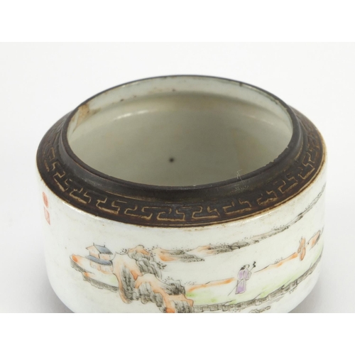 59 - ** WITHDRAWN ** Chinese porcelain brush pot hand painted with figures in a river landscape, with sea... 