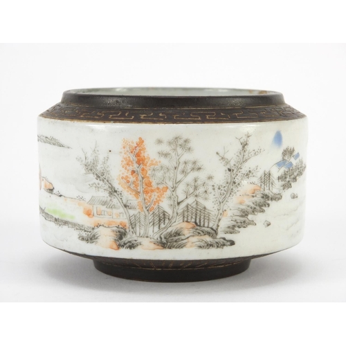 59 - ** WITHDRAWN ** Chinese porcelain brush pot hand painted with figures in a river landscape, with sea... 