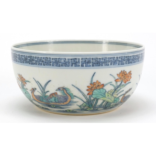 235 - Chinese doucai porcelain bowl hand painted with ducklings in water amongst lily pads and flowers, si... 