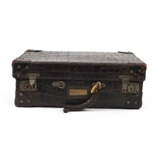 2283 - Early 20th century taxidermy interest crocodile skin suitcase, 34.5cm H x 51cm W x 17cm D