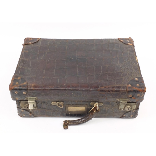 2283 - Early 20th century taxidermy interest crocodile skin suitcase, 34.5cm H x 51cm W x 17cm D