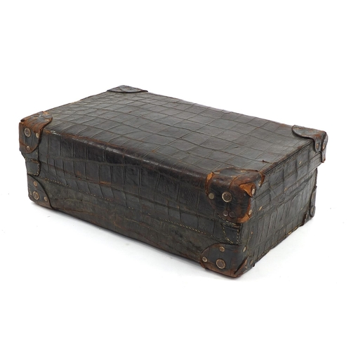 2283 - Early 20th century taxidermy interest crocodile skin suitcase, 34.5cm H x 51cm W x 17cm D