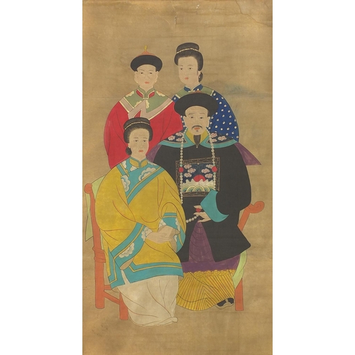 2284 - Chinese ancestral watercolour wall hanging scroll painting depecting a family, 170cm x 96cm