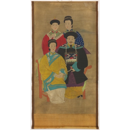 2284 - Chinese ancestral watercolour wall hanging scroll painting depecting a family, 170cm x 96cm